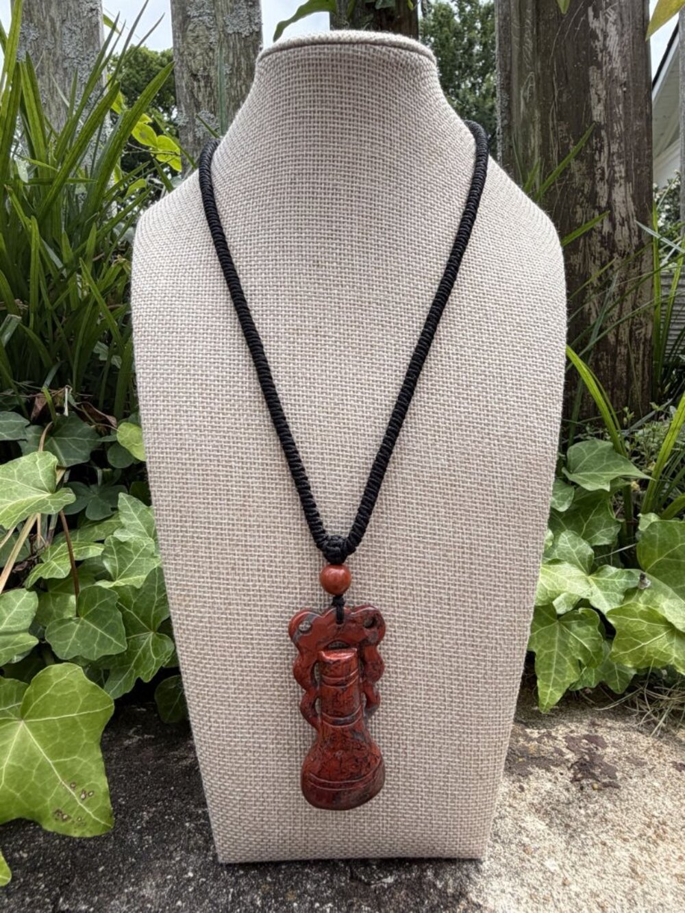 Red Jasper Carved Bi Vase Pendant Adjustable Black Cord Cord Necklace Earthy